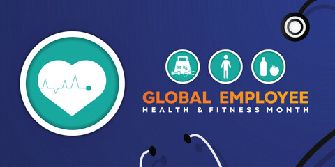 Global Employee Health And Fitness Month. Heartbeat, stethoscope and more. Great for cards, banners, posters, social media and more. Blue background.
