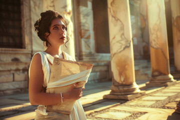 A young woman in ancient Roman attire, holding a scroll in a marble courtyard - obrazy, fototapety, plakaty