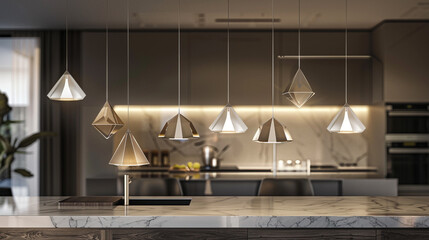 Contemporary Italian kitchen lit by pendant lights with stylish geometric glass shades.