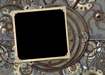 Grunge retro background in steampunk style with photo frame, vintage metal details, pipelines,...