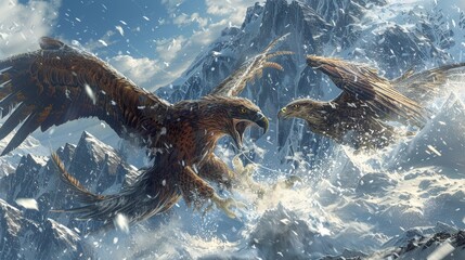 A large eagle is flying through the sky above a snowy mountain range