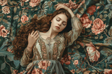 A young woman in an Art Nouveau-inspired gown, surrounded by intricate floral patterns