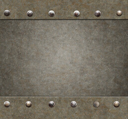 Grunge background in steampunk style. Texture of old metal with rivets and rusty frame. Mock up...