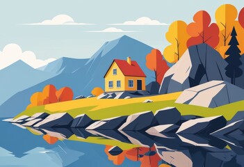 A quaint cottage perched upon a rugged hillside overlooks a serene lake nestled in the distance 6