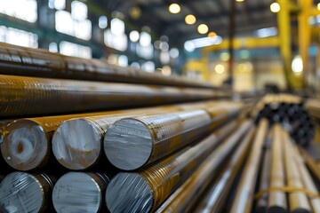 Steel round bars arranged in a warehouse for industrial construction and manufacturing. Concept Steel Bars, Industrial Warehouse, Construction Materials, Manufacturing Sector, Storage Facility