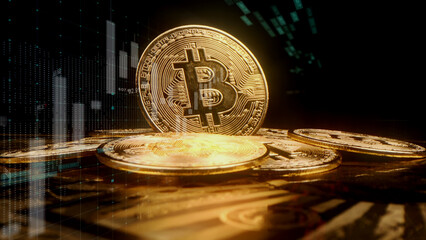Close-up of metallic shiny bitcoin cryptocurrency coins. Crypto Bitcoin, virtual money and hundred...