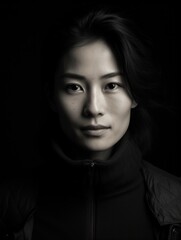 Pensive Asian woman in black jacket
