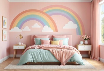 A vibrant rainbow-themed bedroom adorned with a pink bed and matching comforter for a whimsical touch 