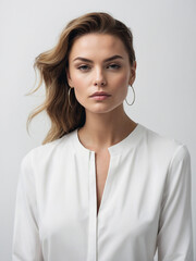 Fototapeta premium Elegance in White, The Stylish Woman's Portrait in a Minimalist Studio