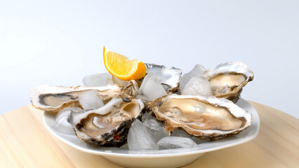A plate of oysters with lemon on a gray background. Served with oysters and lemon. Fresh oysters...