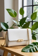 A white purse with a gold strap rests on a table, positioned in front of a potted plant