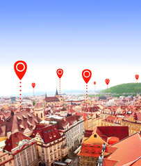 Network connection concept. Aerial view on medieval houses on Old Town Square, Prague and red...