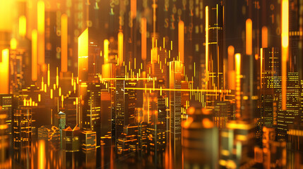 Depict a futuristic city skyline made of shimmering gold, with skyscrapers shaped like rising and falling stock market graphs. The scene is lit by a digital aurora of real-time financial data streams