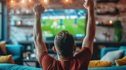 A group of fans enjoying a soccer match on a couch, captivated by the television, football TV experiencing the fun and entertainment of the world favorite sport. AIG41