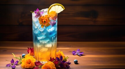 Colorful tropical cocktail with flowers - obrazy, fototapety, plakaty