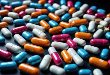 An assortment of pharmaceutical pills and capsules set against a dark background, conveying a sense of mystery