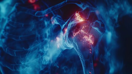 Detailed inflamed shoulder joint anatomy, medical illustration on dark background