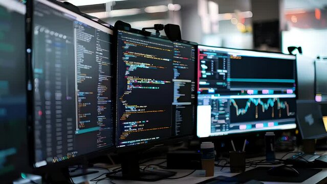 Computer screens showcasing programming code in a high-tech environment. Explore web development, apps, and emerging technologies. Dive into internet and web technology, informatics, and tech business