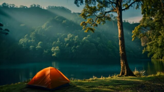 Travel Camping tent beside a blue lake, morning sunlight, mountain 