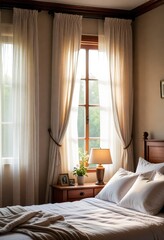 Bathe in the morning light of a cozy bedroom, adorned with white linen and curtains 