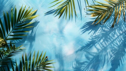 Beautiful palm tree leaves with shadow on blue background