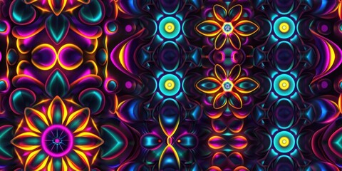 Abstract pattern of glowing flowers on black background, kaleidoscope drawing in a vibrant, eye-catching style with a sense