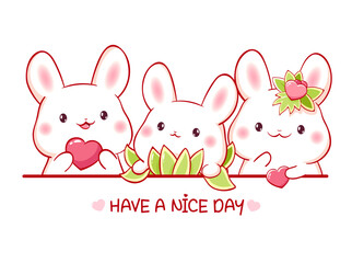 Set of little bunny with pink heart in kawaii style. Easter collection of Cute rabbit. Childish print with tiny baby rabbits for t-shirt print, sticker, greeting card design. Vector illustration EPS10 © frenta