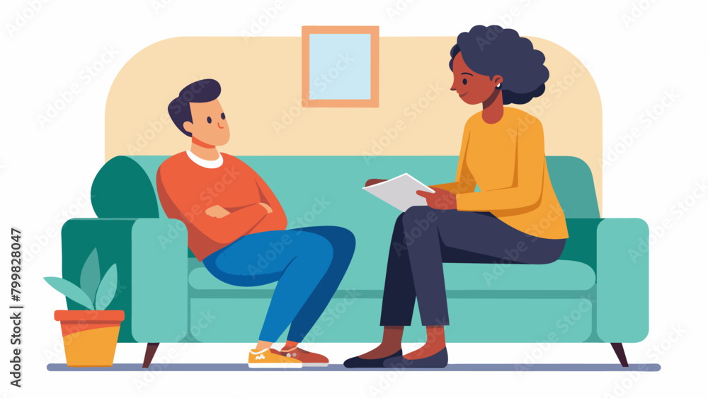 Poster a therapy session being conducted on a cozy oversized couch with the client feeling safe and secure 