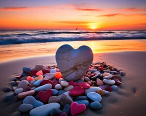 Fototapeta premium Romantic sunset beach with heart-shaped stones