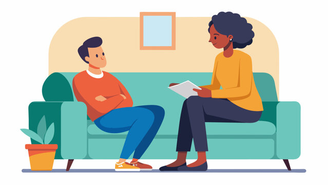 A therapy session being conducted on a cozy oversized couch with the client feeling safe and secure as they open up to their the.. Vector illustration