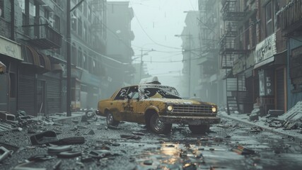 A lone yellow taxi drives down a deserted city street.