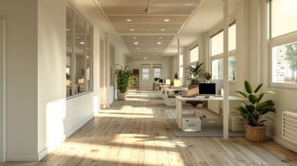 A long, bright office hallway with large windows and plants