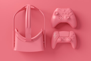 Modern home office setup featuring joysticks, gaming controllers and VR glasses