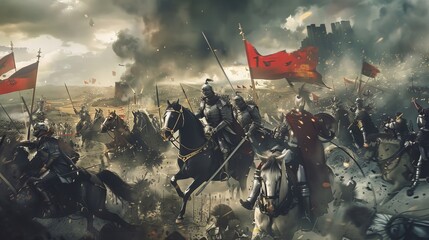 A group of knights are fighting in a battle with flags flying in the background