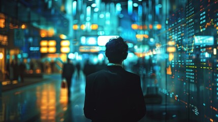 A man in a suit looking at a large screen with a lot of data on it.