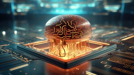 Futuristic artificial intelligence brain on circuit board - obrazy, fototapety, plakaty