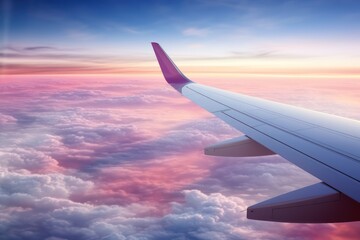 Aerial view of airplane wing during sunset - obrazy, fototapety, plakaty