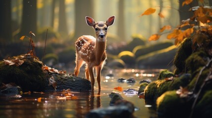 Deer in Autumn Forest Stream - obrazy, fototapety, plakaty