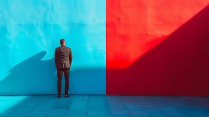 A man standing between a red wall and a blue wall.