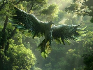 Mythical Kinnara Creature Soaring Gracefully Over Lush Verdant Forest Landscape with Sunlight Filtering Through Canopy - obrazy, fototapety, plakaty