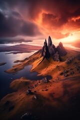 Dramatic Landscape with Towering Peaks and Fiery Skies - obrazy, fototapety, plakaty