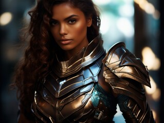 Powerful female warrior in futuristic armor - obrazy, fototapety, plakaty