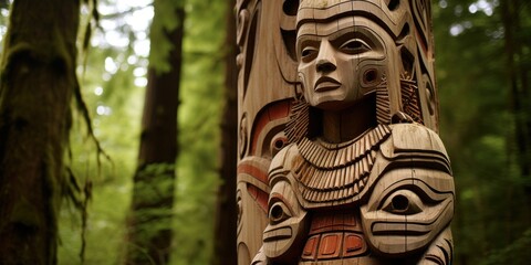 Carved Totem Pole in Lush Forest - obrazy, fototapety, plakaty