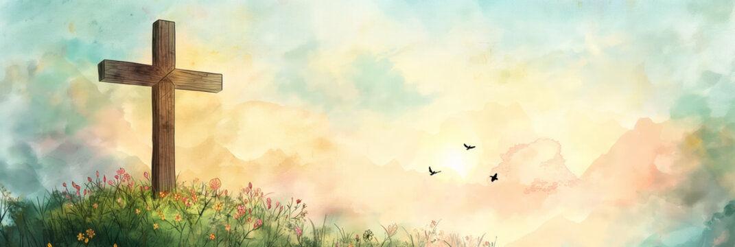 A rustic wooden cross stands atop a blooming hill under a picturesque watercolor sky, inspiring reflection