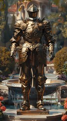 Imposing Armored Knight Statue in Gilded Medieval Battle Regalia
