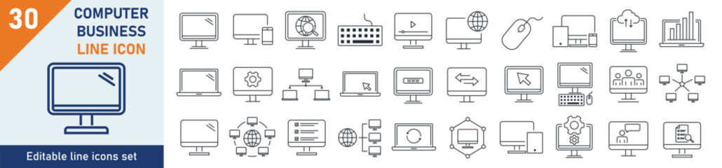Computer icons Pixel perfect. Computer icon set. Set of 30 outline icons related to computer, network, media, setup. Linear icon collection. Editable stroke. Vector illustration.
