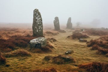 Mysterious stone monoliths in misty landscape - obrazy, fototapety, plakaty