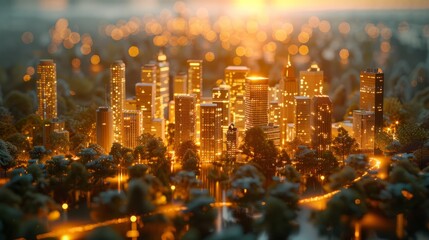 A miniature city made of glowing orange buildings and trees, with a warm orange glow.