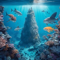 Celebrate World Ocean Day with a stunning underwater cityscape, filled with vibrant coral reefs and majestic sea creatures.