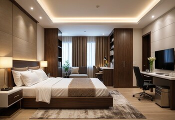 The interior bedroom features a designated area for work or study, blending comfort with functionality